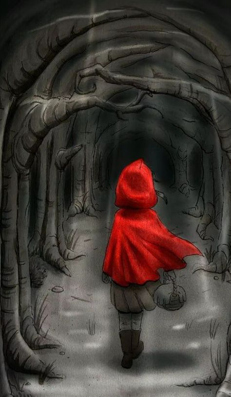 Little Red Riding Hood Drawing, Red Riding Hood Art, Forest Drawing, Animation Art Sketches, Howl At The Moon, Black Wolf, Red Hood, Little Red Riding Hood, Red Hats