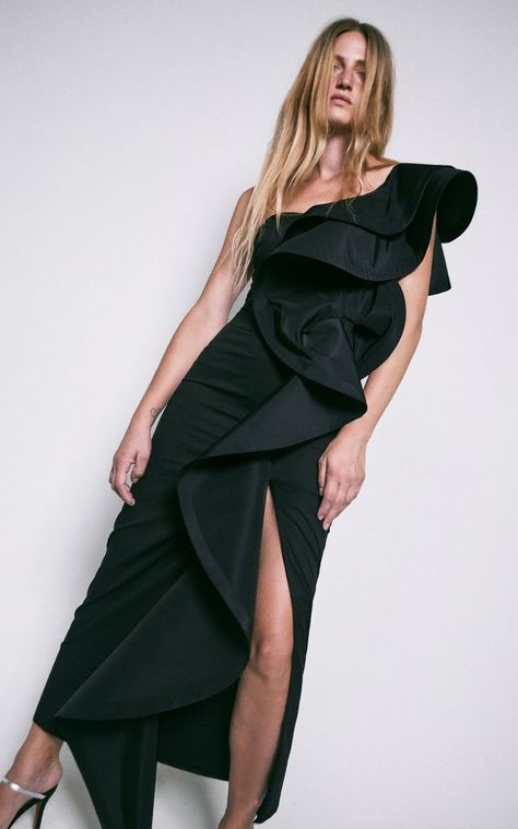 Black Rosette Asymmetric Midi Dress By Johanna Ortiz | Moda Operandi Johanna Ortiz, 2023 Collection, 70s Inspired, Winter 2023, Pre Fall, Fashion Sewing, Moda Operandi, Fashion Collection, Black Fashion