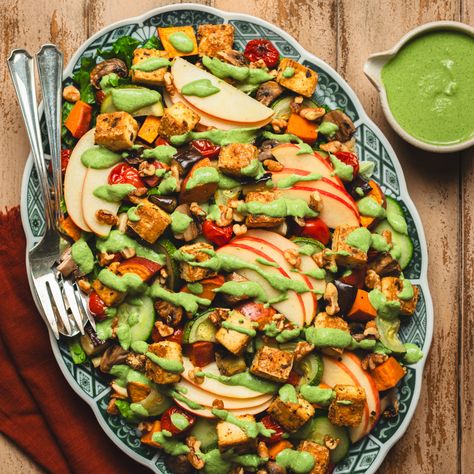 Roasted Vegetable and Tofu Salad with Creamy Herb Dressing Creamy Herb Dressing, Bbq Bowl, Coconut Dressing, Herb Dressing, Roasted Vegetable Salad, Tofu Salad, Baked Veggies, Roasted Vegetable, Vegetable Salad