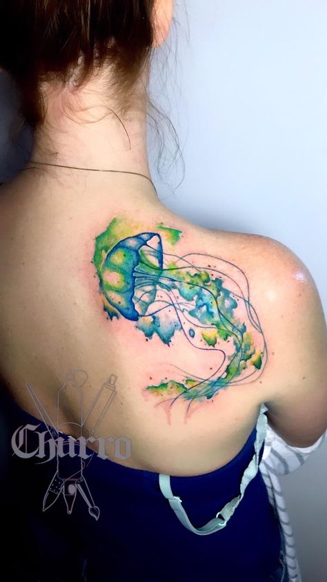 Sea Themed Tattoos, Watercolor Jellyfish Tattoo, Ocean Themed Tattoos For Women, Theme Tattoos, Sea Tattoos, Underwater Tattoo, Siren Tattoo, Watercolor Tattoo Ideas, Colour Tattoo For Women