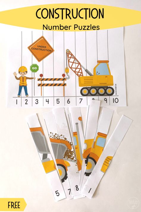 Construction Number Puzzles Preschool Building Study Activities, Preschool Building Theme Free Printables, Builder Activities Preschool, Construction Writing Activities, Construction Circle Time Activities, Construction Activities Preschool Free Printables, Builders And Fixers Preschool, Community Helpers Puzzles Free Printable, Construction Gross Motor Activities