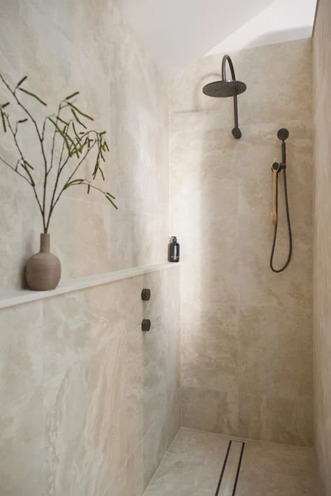 Beautiful Showers Bathroom, Lime Wash Shower Walls, Neutral Bathroom Aesthetic, Earthy Neutral Bathroom, Organic Earthy Bathroom, Neutral Marble Bathroom, Narrow Master Bath, Bathroom Design 2024, Bathroom Warm Tones