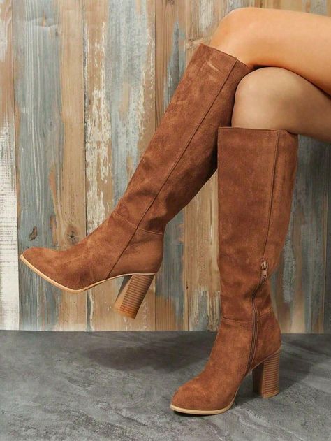 Chunky Heel Western Style Riding Boots For Women, Side Zipper Up Knee High Boots, New European And American Runway High Heel Casual Boots, Pointed Toe Plus Size Female Shoes Brown         Women Shoes, size features are:Bust: ,Length: ,Sleeve Length: Women Knee High Boots, Knee High Boots Winter, Brown Knee High Boots, Casual High Heels, Faux Suede Boots, Trendy Boots, Retro Styles, New Rock, Boots Winter