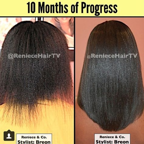 We don’t hear too many stylists promoting relaxers nowadays, but if that is the route you chose to go, just know it is possible to retain length and have healthy hair too. @Reniecehairtv posts a picture from @allinthebre (from her salon), showing how a client’s damaged, relaxed hair has been repaired in just 10 months. You can’t deny that this is remarkable! ✂️========================== Go to VoiceOfHair.com ========================= Find hairstyles and hair tips! ========================= Relaxed Hair Growth, Natural To Relaxed Hair, Relaxed Hair Journey, Voice Of Hair, Relaxed Hair Care, Longer Hair Faster, Hair Growth Challenge, Find Hairstyles, Hair Dandruff