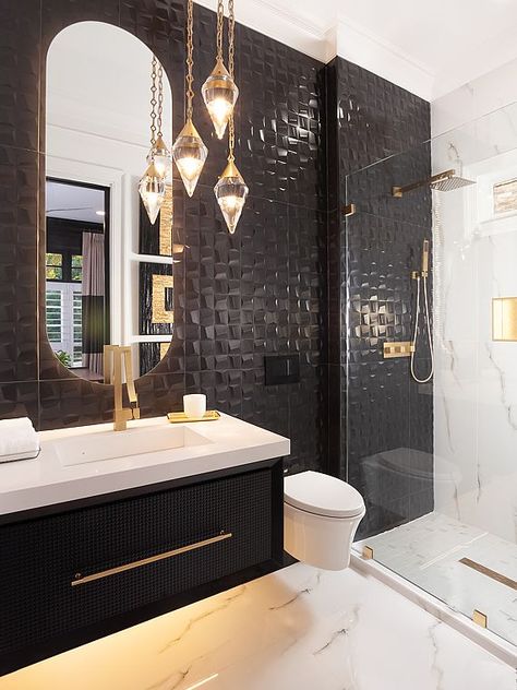 Black Glamour - The Sisters and Company 770-498-7780 Barbara Elliott & Jennifer Ward-Woods Black And Gold Bathroom, Bathroom Design Black, Gold Bathroom, Bathroom Inspiration Decor, Bathroom Design Luxury, Dream Bathrooms, Bathroom Layout, Bathroom Wallpaper, Bathroom Renos