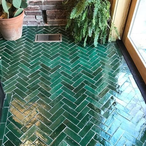 MAROKK on Instagram: “Zellij 5x15 cm herringbone tiles in Fez Green - the oldest tiles in the world, still being produced as they were hundreds of years ago.…” Green Herringbone Backsplash, Terracotta Tile Backsplash, Floor Herringbone, Tile Terracotta, Bejmat Tiles, Herringbone Tiles, Green Tile Bathroom, Green Tiles, Terracotta Tile