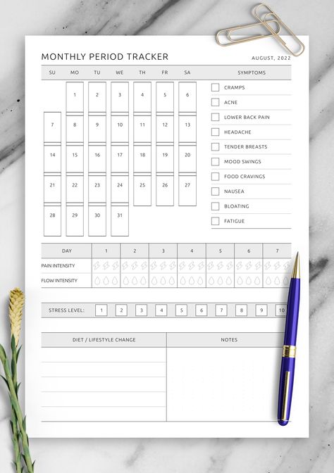 Try the handy Monthly Period Tracker to track your menstruation days with ease. It is a great tool for every woman who wants to know accurate information about the menstrual cycle. Using the template, you can predict the days of your period for the next month and be prepared for them in advance. Set the layout options you need, download the PDF file and print it for your planner. Be in a good mood, smile more often, and comfortably monitor your health. Sections available in this template: Trakers Ideas Period, Monthly Period Tracker Bullet Journal, Cycle Syncing Tracker, Cycle Tracking Bullet Journal, Cycle Syncing Planner, Menstrual Cycle Journal, Menstrual Cycle Aesthetic, Period Tracker Printable Free, Cycle Tracking Menstrual