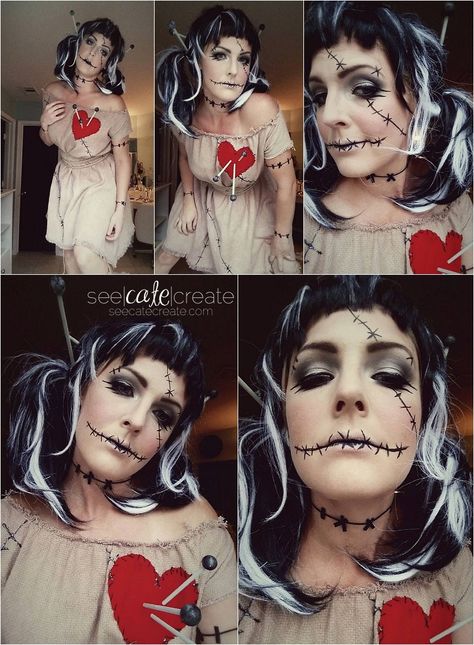 Voodoo Doll Diy Crafts, Voodoo Doll Halloween Costume, Scary Doll Costume, Diy Voodoo Doll Costume, Voodoo Doll Makeup, Diy Voodoo Dolls, Halloween Costumes Cute, Voodoo Doll Costume, Doctor Halloween Costume