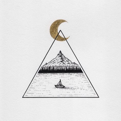 #ink #drawings #lake #moon #moontattoo #tattoodesigns #dotwork #boatdesign  #triangle   #mountaincabin Dot Tattoos, Ink Drawings, Boat Design, Mountain Cabin, Mountain Lake, Moon Tattoo, Ink Drawing, In The Middle, Triangle Tattoo