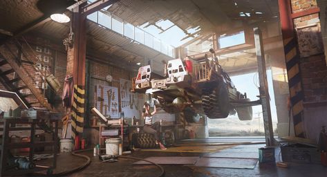 ArtStation - Workshop, Hou Jianhao Interior Concept Art, Game Level Design, Robot Design Sketch, Environment Projects, Sci Fi Building, Mechanical Workshop, Gobi Desert, Ark Survival Evolved, Abstract City