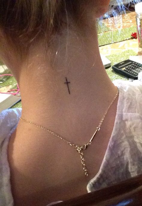 Cross Behind Neck Tattoo, Cross On Neck Tattoo For Women, Cross On Spine Tattoo, Cross On The Back Of Neck Tattoo, Behind The Neck Tattoos For Women Small, Cross Tattoos For Women Neck, Cross Back Of Neck Tattoo, Cross On Back Of Neck, Cross On Back Tattoo