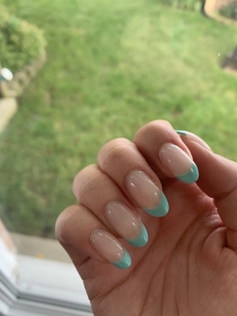 Nail Teal Design, Aqua Almond Nails, Light Teal French Tip Nails, Teal Tips Nails, Prom Nails Teal, Teal Tip Nails, Almond Nails Teal, Aqua French Tip Nails, White And Teal Nails