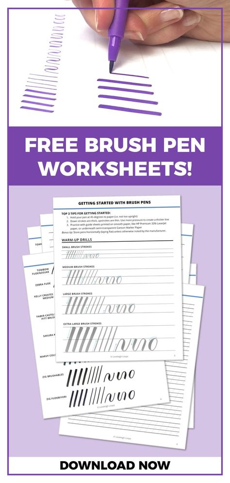 Looking for brush pen warm-up practice sheets? Download our free brush pen lettering worksheets now! Great for all sizes of popular brush pens, including Tombow Fudenosukes, Tombow Dual Brush Pens, Faber-Castell Pitt and Ecoline brush pens Brush Pen Practice, Brush Pen Practice Sheets, Brush Pen Calligraphy Worksheet, Calligraphy With Brush Pens, Calligraphy Practice Sheets Free, Cursive Practice Sheets, Tombow Lettering, Calligraphy Worksheets, Letter Practice Sheets