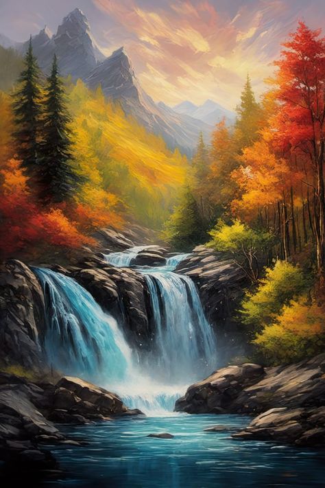 Immerse yourself in the vibrant embrace of autumn's palette in this wilderness scene. A symphony of colors blankets the landscape, as a waterfall cascades down rugged cliffs into a rocky river below. Towering mountains stand proudly on the horizon, completing this enchanting tableau of nature's seasonal masterpiece. Waterfall Landscape Photography, Mountains And Waterfalls, Beautiful Sunsets Nature, Painting Of Nature Landscape, Nature Art Painting Landscapes, Unique Scenery Painting, Autumn Waterfall Painting, Mountains And River Painting, Nature Art Canvas