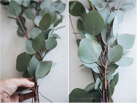 Easy Eucalyptus Centerpiece, Eucalyptus Runner Centerpiece, How To Make A Eucalyptus Garland, Table Garland Diy, How To Make A Garland With Flowers, How To Make A Table Garland, Easy Diy Engagement Party Decorations, Making A Garland, Diy Eucalyptus Centerpiece