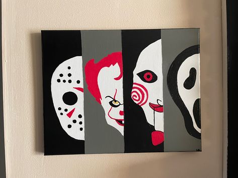 Canvas Drawings Pencil, Scary Movies Paintings, Easy Scream Painting, Painting Horror Ideas, Scream Painting Ideas Easy, Horror Characters Painting, Diy Canvas Art Painting Halloween, Painting Ideas On Canvas Scream, Horror Movie Painting Ideas