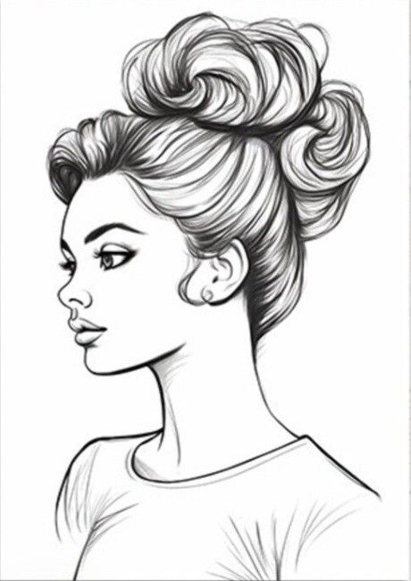 Side Face Hairstyle Sketch, Side View Sketch, Hairstyle Sketch, Sketch Of Woman, View Sketch, Fashion Model Drawing, Side Face, Elegant Bun, Cnc Engraving