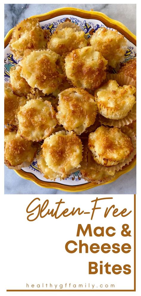 Bite size comfort food! The perfect little bite of Macaroni and Cheese! Crisp outside, tender bites of cheesy gluten-free mac and cheese on the inside! And super easy recipe is stovetop to oven, no frying involved. Perfect for snacks, appetizers and Game Day! Game Day Snacks Gluten Free, Gluten Free Movie Snacks, Gluten Free Tailgate Food, Gluten Free Mac N Cheese, Mac Cheese Bites, Gluten Free Appetizer, Gluten Free Party Food, Gluten Free Mac And Cheese, Gluten Free Panko