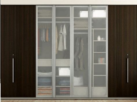 Wooden 👕 Wardrobe with Swing Doors in Wooden with Long SS Handles, Semi Transparent Glass Doors in Center comprising Shelves & Drawers with Aluminum Profile - GharPedia Profile Doors Wardrobe, Profile Glass Door Wardrobe, Profile Wardrobe Design, Profile Wardrobe, Aman Gupta, Almirah Designs, Cool Room Designs, Wardrobe Designs, Wooden Wardrobe