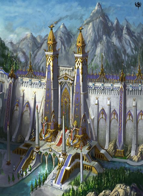 La belle forteresse d'Abernoc                                                                                                                                                     Plus Elf City, Pixiv Fantasia, Fantasy Architecture, Creature Fantasy, Building Tools, Fantasy Stuff, Creation Art, Heroic Fantasy, Forgotten Realms