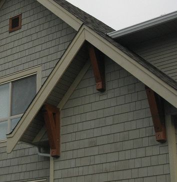 Cedar Gable, Corbels Exterior, Decorative Shutters, Decorative Gable, Gable Brackets, Gray House, Porch Posts, Home Exterior Makeover, Exterior Makeover