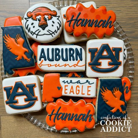 Lots of Auburn cookies this year! Congrats to the incoming Tigers! #wareagle #acookieaddict #auburn2028 Auburn Cookies Decorated, Auburn Grad Party, Auburn Cookies, College Cookies, Royal Icing Cookie Ideas, Football Cookies, Auburn Football, Graduation Cookies, Pretty Cookies