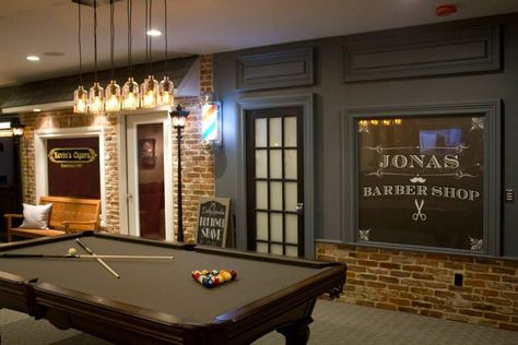 farmhouse pool table - Google Search Brick Wall Game Room, Half Brick Wall Interior, Half Brick Wall, Dream Man Cave, Brick Tile Wall, Industrial Basement, Garage Game Rooms, Billiards Room, Brick Interior Wall