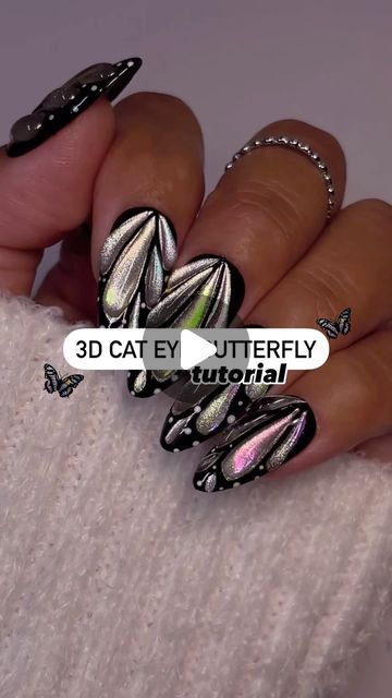 Jeanette Flores on Instagram: "How to: 3D cat eye butterfly nails 🦋🧲💅🏽💫 
Save & share for inspo, Follow for more tutorials!

Using @dndgel (code: JEN25)
•Silver Lynx 09
•Chrome Powder Neon Set 01
•Top Gel 
•Rhinestone Adhesive Clear 3D Gel
•Cylindrical Cat Eye Magnet
•Nail Art Liner Brush 09

#butterflynails #3dnailart #3dnails #cateyenails #uñas #nails #summernails #summerstyle #dndgelpolish #dndgel #magneticnails #holographicnails #holonails #chromenails #chromenailart #3dnail #nailinspo #howto #nailarttutorial #nailvideos #nailtutorial #tutorial #stepbystep" Magnet Nail Art, Eye Butterfly, Holo Nails, Dnd Gel Polish, Chrome Nail Art, Butterfly Nails, Liner Brush, Magnetic Nails, Chrome Powder