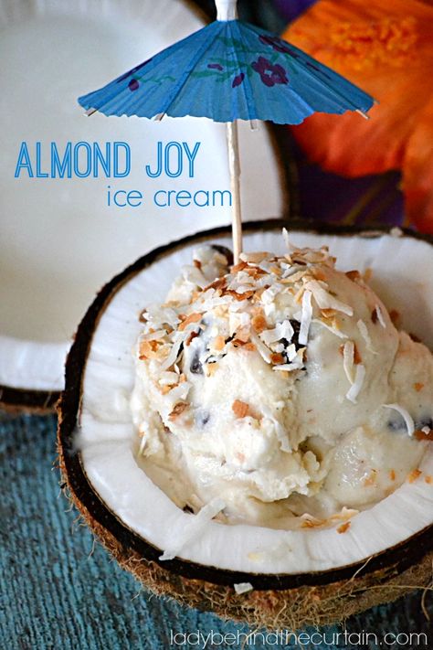 Treat yourself to a coconut delight with this Almond Joy Ice Cream by Lady Behind The Curtain Almond Joy Ice Cream, Greece Recipes, Coconut Delight, Snow Ice Cream, Ice Cream Maker Recipes, Ice Scream, Delicious Sweets, Behind The Curtain, Frosé