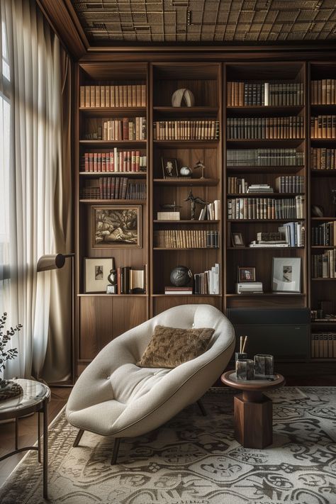 Create Your Dream Reading Nook: Shelving Unit Inspiration for Home Libraries - Quiet Minimal Library Shelf With Ladder, Studio Mcgee Library, Hotel Library Lounge, Library In A House, Interior Design Bookshelves, House Library Ideas, Book Shelves Design, Library Ideas For Home, Nook Shelving