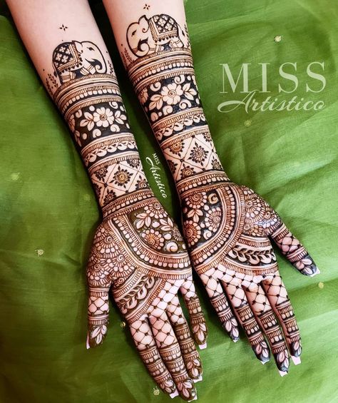 @missartistico posted on their Instagram profile: “Bridal henna with cute elephants on the top. Do you like the symmetry ?…” Mehndi Designs Front Hand Palm, Heavy Mehndi Designs, Bridal Mehendi Designs Wedding, Cute Elephants, Floral Henna, Floral Henna Designs, Leg Mehndi, New Bridal Mehndi Designs, Henna Tattoo Designs Hand