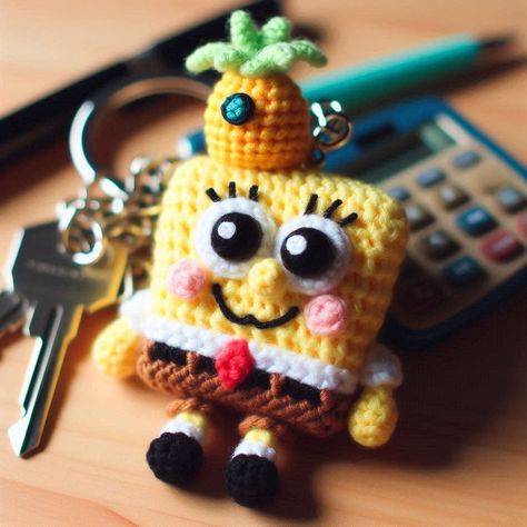 Crochet Keychain For Boys, Spongebob Keychain, Spongebob Crochet, Crochet Spongebob, Keychain Amigurumi, Easy Amigurumi Pattern, Easy Amigurumi, Fun Crochet, Crochet Keychain