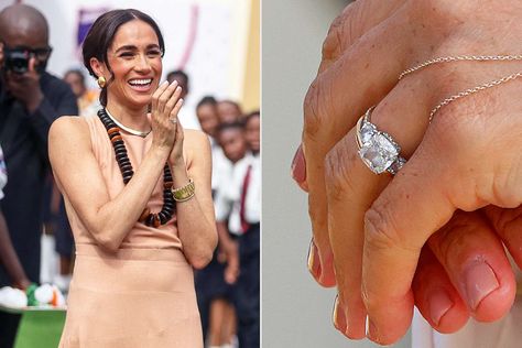 Meghan Markle's engagement ring from Prince Harry is trending years after they got engaged! Inside the latest data on the Duchess of Sussex's ring. Meghan Markle Engagement Ring, Meghan Markle Engagement, Royal Ring, Micro Pave Band, Royal Rings, Engagement Celebration, Celebrity Engagement Rings, Diamond Cross Necklaces, Got Engaged