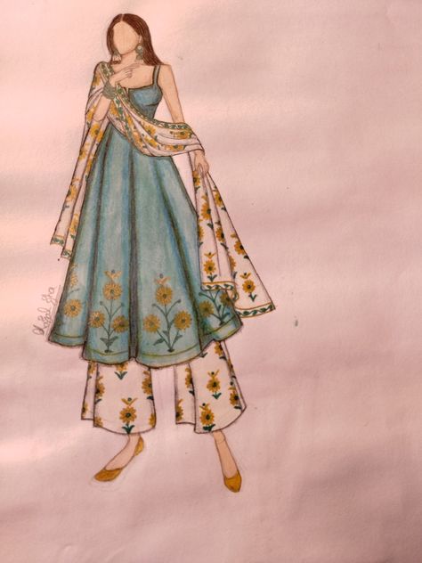 Kurti Design Drawing, Indian Dresses Sketches, Indian Clothes Drawing, Kurta Illustration Sketch, Kurti Illustration Sketch, Anarkali Sketch, Fashion Illustration Sketches Dresses Outfit, Indo Western Dress Illustration, Kurta Sketch