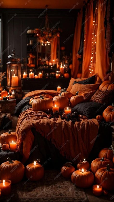 Premium AI Image | Bedroom on bed has orange and black textiles pumpkins and candles Generative AI Pumpkins And Candles, Popular Bedding, Photo Bedroom, Goth Bedroom, Orange Rooms, Aesthetic Orange, Chic Dress Classy, Pumpkin Candles, Dress Classy