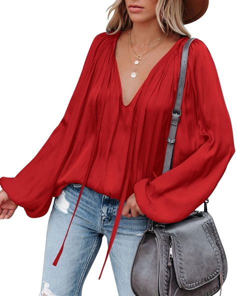 PRICES MAY VARY. Material: This womens satin blouse is made of high-quality and skin-friendly fabric. Super soft, smooth, lightweight, breathable and comfortable. Feature: Womens sexy deep v neck blouse with drawstring, lantern long sleeve pleated silk satin shirt, casual loose solid chiffon pullover, unique patterns in floral or leopard prints, simple design in a stylish cool silhouette, makes you look casual and chic. Match: Pair satin blouses for women with skinny jeans, leggings, pants, shor Chic Cheap Festival Blouse, Cheap Brown Blouse For Vacation, Satin Bluse, Pleated Blouse, Stylish Clothes For Women, Satin Blouse, V Neck Blouse, Lantern Sleeves, Versatile Style