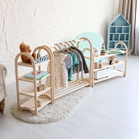 Montessori Clothing Rack for Kids, Montessori Furniture for Toddlers, ✨ #toddlergames #toddlers #toddlertoys #firstbirthday #firstbirthdayideas #nurserydecor #nursery #babyroom #babyroomdesign #kidsroom #toddlerroom #montessory #woodentoys #firstbirthdayparty #kidsofinstagram #playroomdecor #woodentoys #imagineplay #playroomdecor #playroomdesign #toddlerapproved #activitiesforkids #education #stemforkids Montessori Clothes Rack, Montessori Clothes, Clothing Rack With Shelves, Wooden Clothing Rack, Hangers For Clothes, Montessori Shelf, Baby Furniture Sets, Kids Armchair, Wooden Rocking Chairs