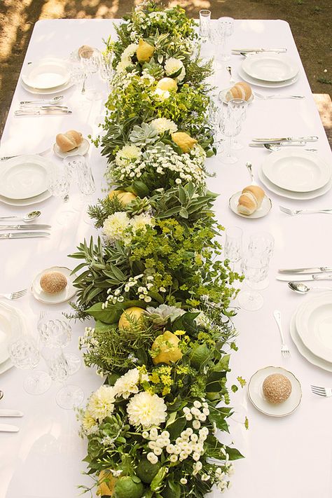 In Love In Italy: The Lemon Grove - www.theperfectpalette.com - Color Ideas for Weddings + Parties Flower Runner Wedding, Lemon Centerpieces, Unique Wedding Centerpieces, Flower Runner, Citrus Wedding, Floral Runner, Flowers And Greenery, Outdoor Dinner, Floral Table Runner