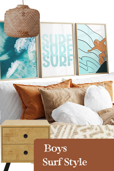 A moodboard of surf style ideas for a boy's room. Including a rattan light, a set of 3 surf art prints, rust coloured linen bedding, a sand coloured floor rug and a rustic sidetable. Click the link more more details and prices on my blog Surfer Bedroom Ideas Boys, Ocean Toddler Room, Boys Surf Bedroom, Surf Kids Room, Boys Beach Bedroom, Bunk Bed Boys Room, Kids Surf Room, Beach Bedroom Ideas Coastal Style, Boys Surf Bedding