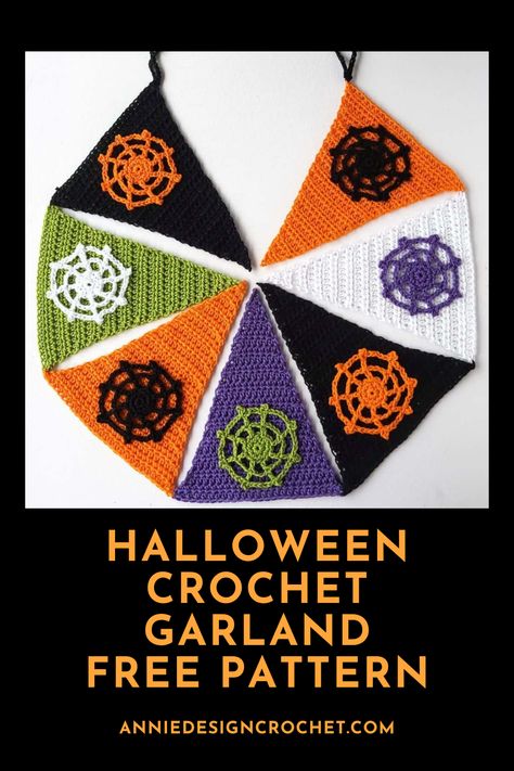 Halloween crochet garland free pattern, with an orange, white, purple, green and black flag garland with spiders webs on each flag. Halloween Crochet Garland Free Pattern, Crochet Halloween Wall Hanging Free Pattern, Crochet Halloween Wall Hanging, Halloween Garland Crochet Pattern, Spiderweb Garland Crochet Pattern Free, Crochet Halloween Decorations, Anchor Crafts, Bunting Design, Crochet Bunting