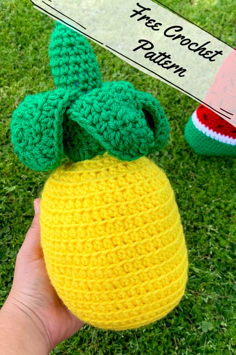 This is a great summer Crochet project!  And, while your at it, you might as well make the watermelon to go with it!  . #pineapple #crochet #freecrochetpattern #crochetpattern #summercrochet #amigurumi #amigurumipattern Crochet Pineapple Pillow, Amigurumi Pineapple, Pineapple Applique, Crochet Pineapple, Crochet Granny Square Afghan, Handbags Patterns, Knitting And Crochet Patterns, Crochet Fruit, I Love Summer