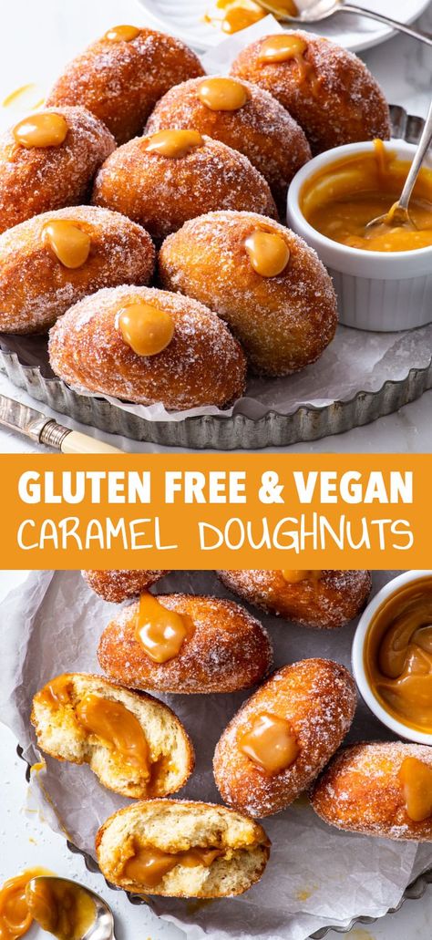 Gluten Free Doughnuts Recipes, Dairy Free Doughnut Recipe, Gluten Free Malasadas, Gluten Free Dairy Free Donut Recipe, Gluten Free Vegan Donut Recipe, Gluten Free Brioche, Vegan Gluten Free Donuts, Caramel Doughnuts, Dairy Free Donuts