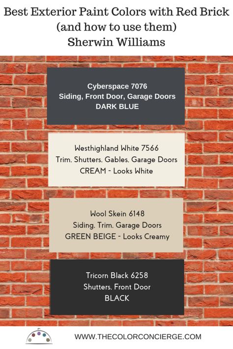 Are you stumped about the best colors to paint your house to match your red brick? This article shows the best exterior colors to use with red brick and how to use them, featuring Sherwin Williams paint colors. #redbrickhouse #exteriorpaintcolors #thecolorconcierge #colorsmadeeasy #sherwinwilliams #swwesthighlandwhite #swcyberspace #swwoolskein #swtricornblack Orange Brick House Exterior, Best Exterior Paint Colors, Orange Brick Houses, Brick Paint Colors, Red Brick House Exterior, Colors With Red Brick, Red Brick Exteriors, Best Exterior Paint, Orange Brick