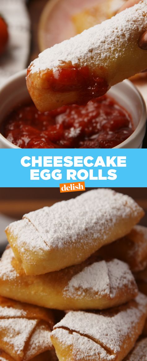 You're not a true cheesecake lover if you haven't tried THIS. Get the recipe at Delish.com. #recipe #easyrecipes #cheese #creamcheese #cheesecake #strawberry #sugar #dessert #eggrolls Cream Cheese Egg Rolls Desserts, Dessert Egg Roll Recipes Sweet Treats, Dessert Egg Rolls Recipe, Cream Cheese Egg Rolls, Cheesecake Egg Rolls, Savory Cakes, Cheesecake Lovers, Egg Roll Recipes, Egg Roll