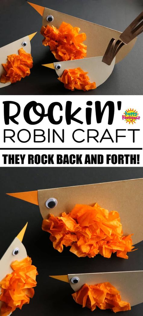 These paper robins are so easy to make. Set them on a flat surface, give them a tap, and watch them rock back and forth! All you need to make them is paper, tissue paper and googly eyes. Great craft for a preschool bird unit, or if you've observed a family of robins with your kids. #HappyHooligans #KidsCrafts #CraftsForKids #DaycareCrafts #KidsArt #ArtForKids #PreschoolCrafts #toddlerCrafts #BirdCrafts #Robins #PaperCrafts Robin Preschool Craft, Robin Crafts For Kids, Bird Crafts For Kids, Robin Craft, Giraffe Crafts, Snail Craft, Rockin Robin, Quick Crafts, Animal Crafts For Kids