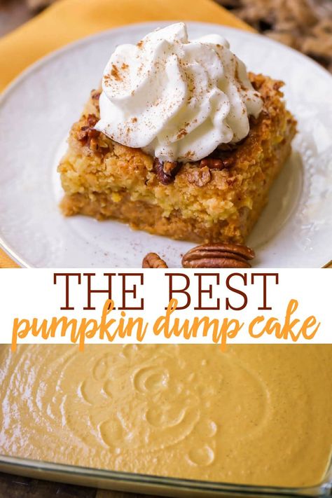 This delicious pumpkin dump cake recipe is complete with all the fall flavors, pumpkin, pecan, and cinnamon spice. With how easy it is, you'll be making this cake all fall long! #pumpkindumpcake #pumpkincake #dumpcake #pumpkindessert #pumpkinrecipe #cake #dessert 13x9 Desserts, Easy Pumpkin Dump Cake, Pumpkin Dump Cake Recipe, Classic Pumpkin Pie, Pumpkin Dump, Thriving Home, Winter Dessert, Dump Cake Pumpkin, Dump Cakes