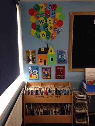 Disney Up Classroom Theme, Up Classroom Theme Pixar, Pixar Themed Classroom, Disney Reading Corner, Reading Corners Classroom, Reading Corner Kindergarten, Up Classroom Theme, Classroom Book Corner, Disney Classroom Ideas