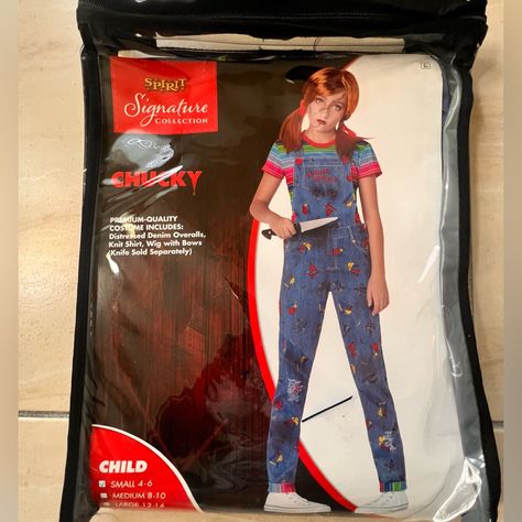 You'll Fit Right In With The Good Guys In This Officially Licensed Chucky Costume! This Chucky Costume Features Distressed Denim Overalls With A "Good Guys" Chest Logo And An Allover Playful Print. A Short-Sleeved Rainbow Ringer T Shirt Matches The Overalls' Colorful Pant Cuffs. Finish The Authentic Chucky Doll Look With A Red Wig With Shoulder-Length Pigtails And Red Bows! Officially Licensed Includes: Overalls Shirt Wig Short Sleeves Button Closure Material: Cotton, Spandex, Polyester, Polypro Overalls Colorful, Chucky Halloween Costume, Spirit Costume, Chucky Costume, Chucky Halloween, Chucky Doll, Red Wig, Wig Short, Red Wigs