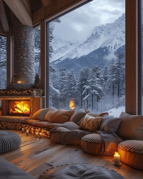 Resort Living Room, Candles Fireplace, Scenery Mountain, Snowy House, Resort Interior Design, Mountain Dream Homes, Winter Living Room, Fireplace Wood, Nordic Interior Design