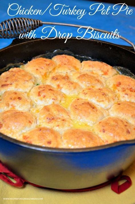 Garlic Drop Biscuits, Cheese Drop Biscuits, Drop Biscuits Recipe, Dutch Oven Chicken, Camping Desserts, Turkey Pot, Turkey Pot Pie, Dutch Oven Cooking, Cream Of Celery Soup